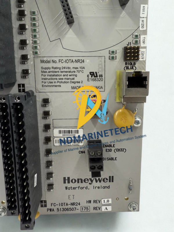 Honeywell FC-IOTA-NR24 Technical Specifications Label and Part Numbers Close-up of Honeywell FC-IOTA-NR24 Redundant IO Termination Assembly showing PWA 51306507-175 specification label, 24VDC 10A supply rating, and HW Rev 1.0 details.