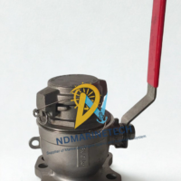 Side view of a stainless steel HERMetic Compact Valve C2-SS-BL with a 2 inch DUJ flange mounting base, secured blind cover, and red-tipped manual actuation lever.