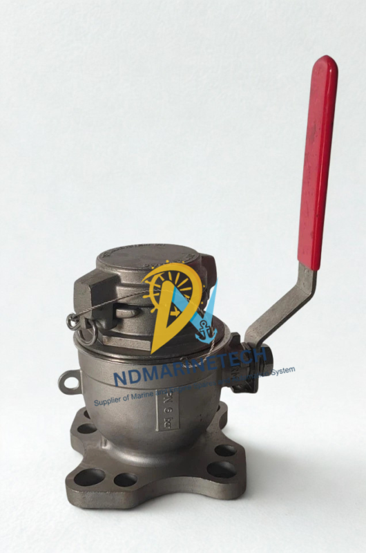 HERMetic Compact Valve C2-SS-BL with 2 Inch DUJ Flange and Blind Cover Side view of a stainless steel HERMetic Compact Valve C2-SS-BL with a 2 inch DUJ flange mounting base, secured blind cover, and red-tipped manual actuation lever.