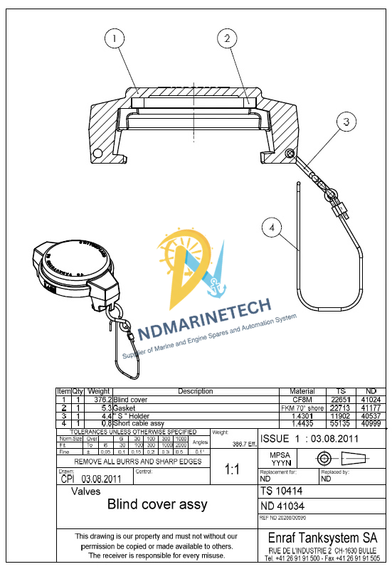 HERMetic Compact Valve C2-SS-BL 2 Inch DUJ Flange Technical Drawing Cross-section schematic of the Enraf Tanksystem SA Blind Cover Assembly part number TS 10414 featuring CF8M stainless steel blind cover and FKM 70 shore gasket.