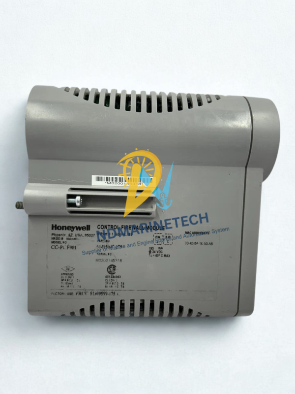 Honeywell CC-PCF901 51405047-176 Control Firewall Module Serial Label Honeywell CC-PCF901 Control Firewall Module 51405047-176 technical label showing product serial number and certifications.