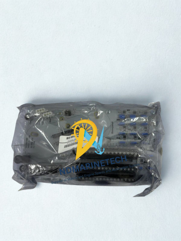 honeywell-cc-taid01-analog-input-iota-front Honeywell CC-TAID01 Analog Input Input Output Termination Assembly (IOTA) module sealed in protective ESD packaging, showing terminal connectors, blue relays, and the part number barcode sticker.