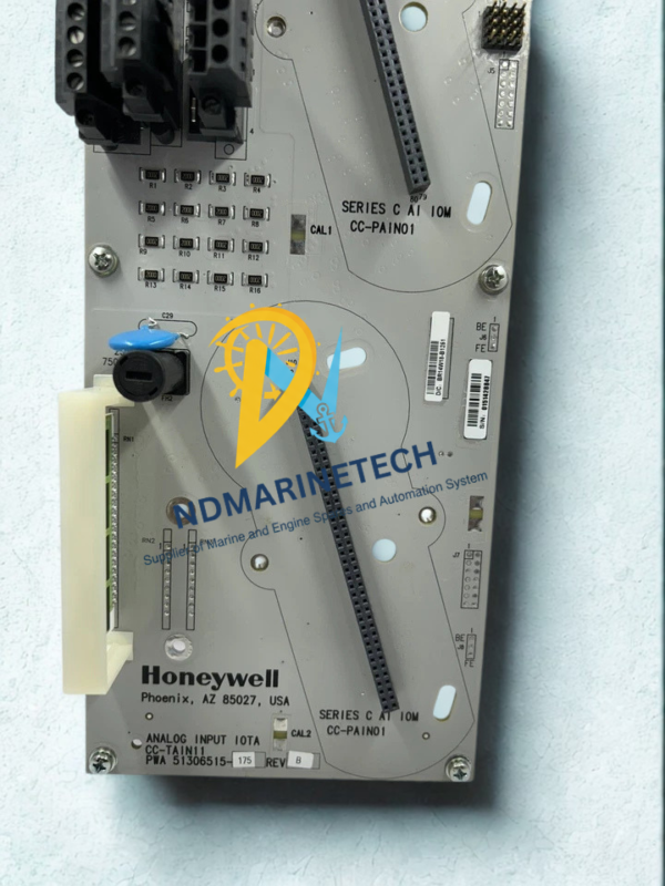 Honeywell CC-TAIN11 PWA 51306515-175 Analog Input Module Closeup Honeywell CC-TAIN11 Analog Input IOTA Module front closeup showing PWA 51306515-175 part number and Series C AI IOM CC-PAIN01 markings.