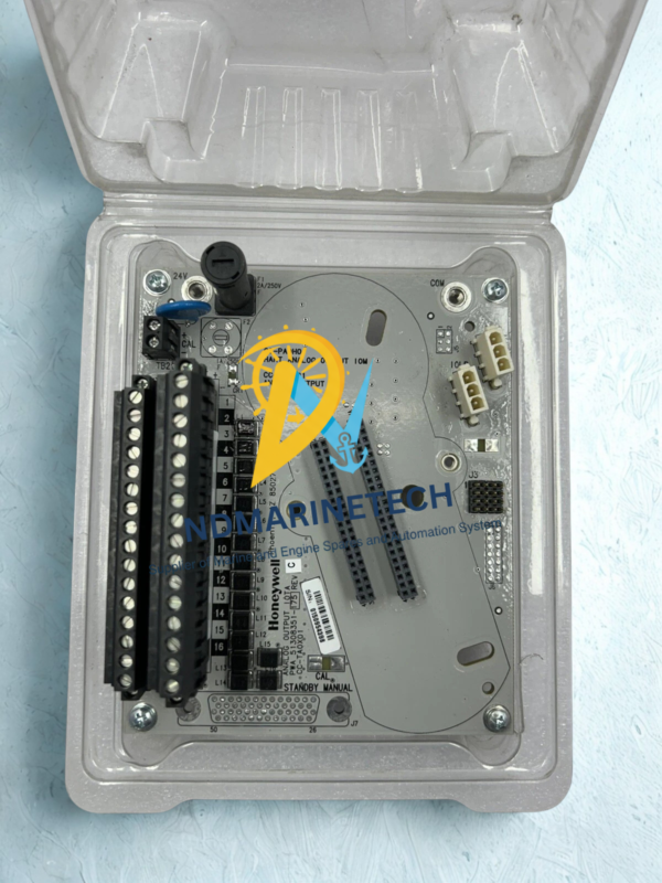honeywell-cc-taox01-industrial-automation-module-packaging Genuine Honeywell CC-TAOX01 Analog Output Module IOTA resting safely inside its clear anti-static protective plastic e-commerce packaging shell.