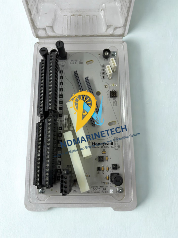 Honeywell CC-TDIL01 Digital Input Module with Protective Enclosure Honeywell CC-TDIL01 24VDC Digital Input 32-channel IOTA module 51308386-175 enclosed in its clear protective industrial housing.
