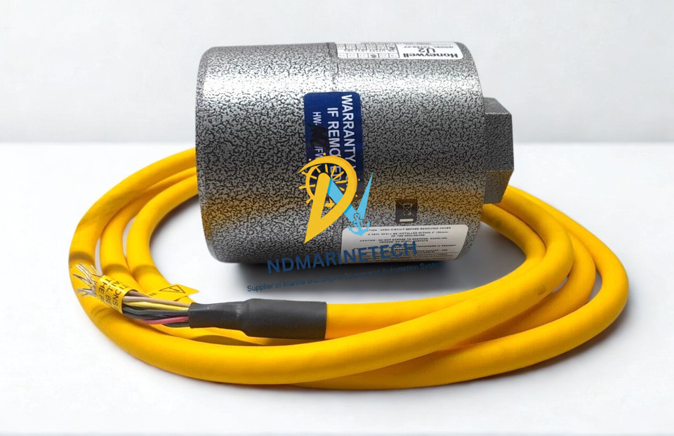 Honeywell U2-1018S-PF Honeywell U2-1018S-PF 24VDC integrated flame signal processor showing the heavy-duty explosion-proof aluminum housing, pipe fitting connection, and attached yellow multi-core pigtail cable.