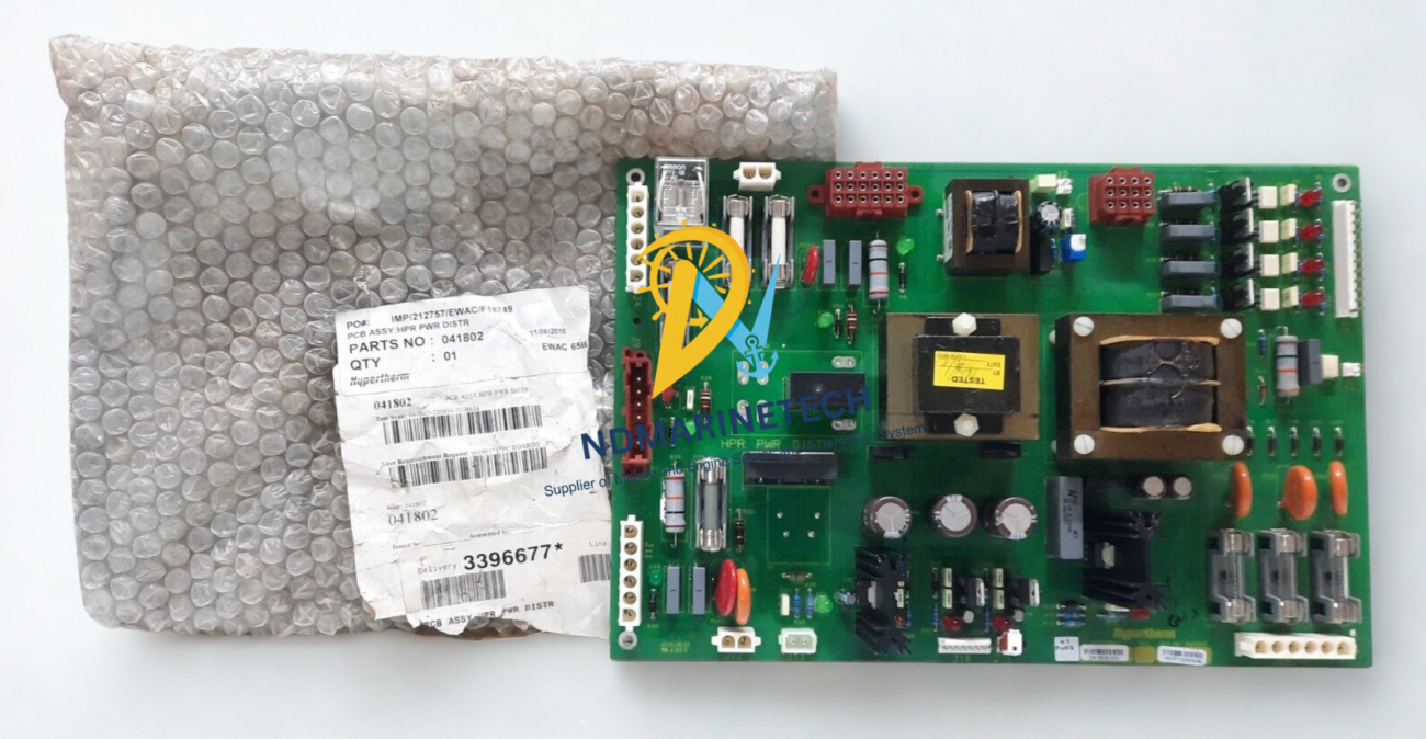 Hypertherm 041802-00L HPR Power Distribution PCB Hypertherm 041802-00L power distribution circuit board assembly alongside its original packaging label