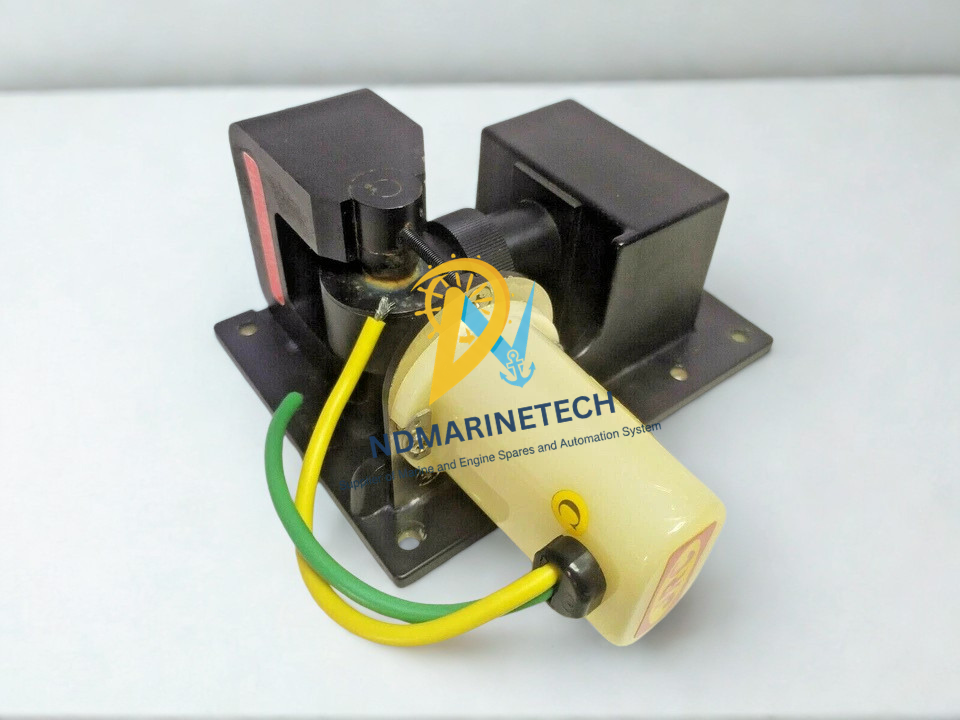 JRC M1302A Magnetron(1) JRC M1302A Magnetron marine radar component showing the yellow and green filament wiring leads and solid mounting plate chassis.