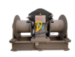 Rear view of Jung-A Marine accommodation ladder winch showing the air motor oiler and filter warning plate.