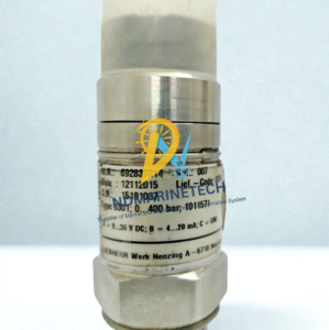 Liebherr 692837214 400 Bar Pressure Transducer Specification Label Liebherr 692837214 pressure sensor nameplate showing 0 to 400 bar range and 4 to 20mA technical specifications
