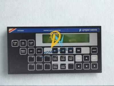 Lyngso Marine DPS 2100 Engine Safety System Front Operator Panel Front control operator interface panel of Lyngso Marine DPS 2100 Engine Safety System with LCD display and emergency slowdown status buttons.