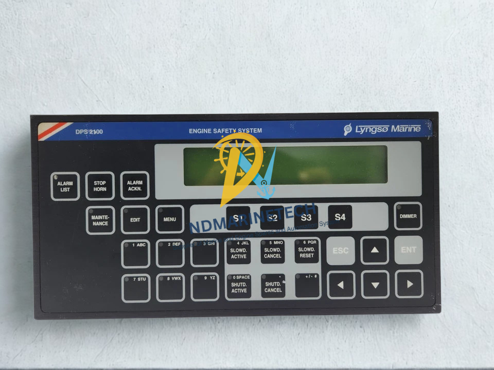 Lyngso Marine DPS 2100 Front control operator interface panel of Lyngso Marine DPS 2100 Engine Safety System with LCD display and emergency slowdown status buttons.