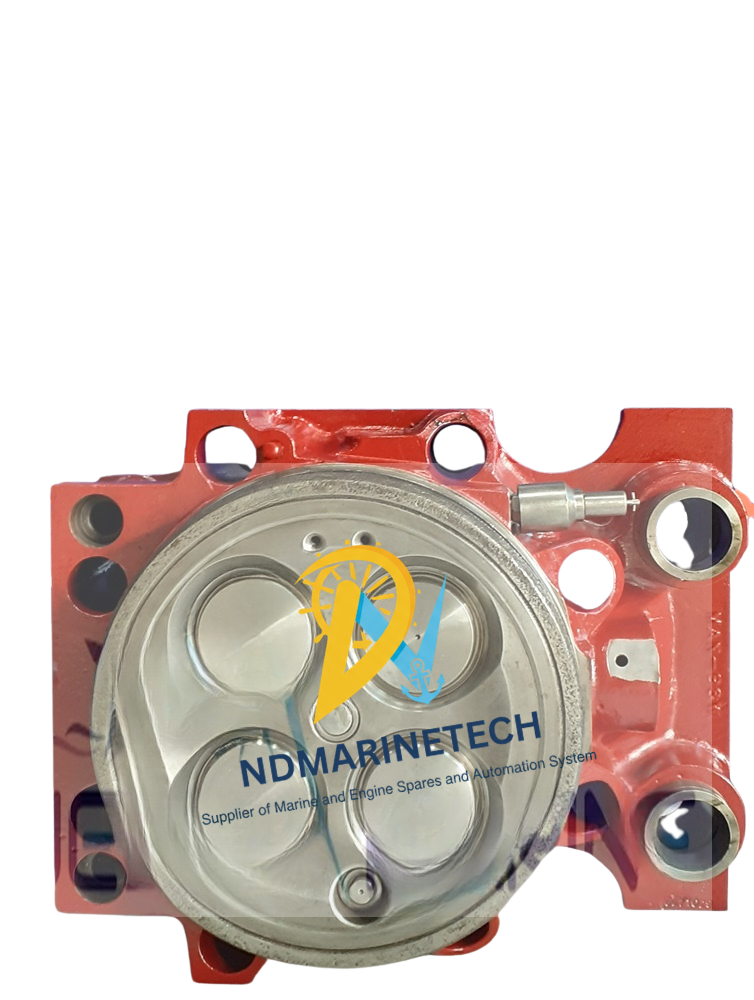 MAN B&W L40 54 Engine Parts Brand new cylinder head assembly for MAN B&W L40/54 marine diesel engine showing valve faces, flame plate, and red painted housing.