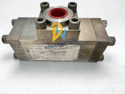 NOV-SCHAFFER 1710-4100 Shuttle Valve - Label and Part Number Details NOV-SCHAFFER DTL ENGR 1710-4100 marine hydraulic shuttle valve showing manufacturer technical specification label on stainless steel block body.