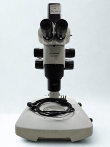 Olympus SZX10 Front Profile - Trinocular Microscope System Front view of Olympus SZX10 Stereo Microscope with trinocular head, 10:1 zoom body, and black power cable on a transmitted light base.