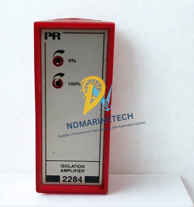 PR Electronics 2284 Front adjustment panel of PR Electronics 2284 isolation amplifier featuring 0 percent and 100 percent calibration potentiometers.