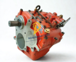 Brand new PRM Marine 1000D3 hydraulic drop centre marine gearbox in factory red primer showing top control linkages and oil ports.