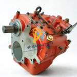 Brand new PRM Marine 1000D3 hydraulic drop centre marine gearbox in factory red primer showing top control linkages and oil ports.