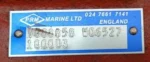 PRM Marine Ltd England factory data plate showing serial number V008858, works number W06527, and model number 1000D3.