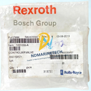 OEM Rexroth 3610607200 Valve Factory Packaging Original Bosch Group packaging label for Rexroth 3610607200 Controlair Valve featuring part barcodes and Rolls-Royce marine equipment cross-reference numbers.