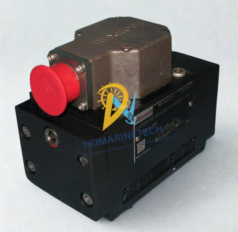 Bosch Rexroth R900772317 Directional Servo Valve Rexroth R900772317 servo valve model 4WS2EM10-52-60B11T315K31CV-114 showing the mechanical torque motor housing and electrical connection port with red protective cap.