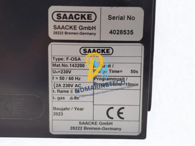 SAACKE F-OSA 143200 Burner Control Unit Technical Specification Label Close-up of SAACKE F-OSA Burner Control Unit 143200 nameplate showing technical specifications, serial number 4028535, 230V rating, and 50s purge time.
