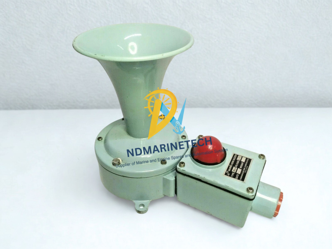 Sanshin Electric 3SLH Watertight Marine Horn Buzzer Complete Unit Full product view of the Sanshin Electric 3SLH Marine Horn Buzzer featuring the prominent flared green acoustic horn driver assembly coupled to a watertight electrical enclosure with a red indicator light dome.