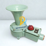 Full product view of the Sanshin Electric 3SLH Marine Horn Buzzer featuring the prominent flared green acoustic horn driver assembly coupled to a watertight electrical enclosure with a red indicator light dome.