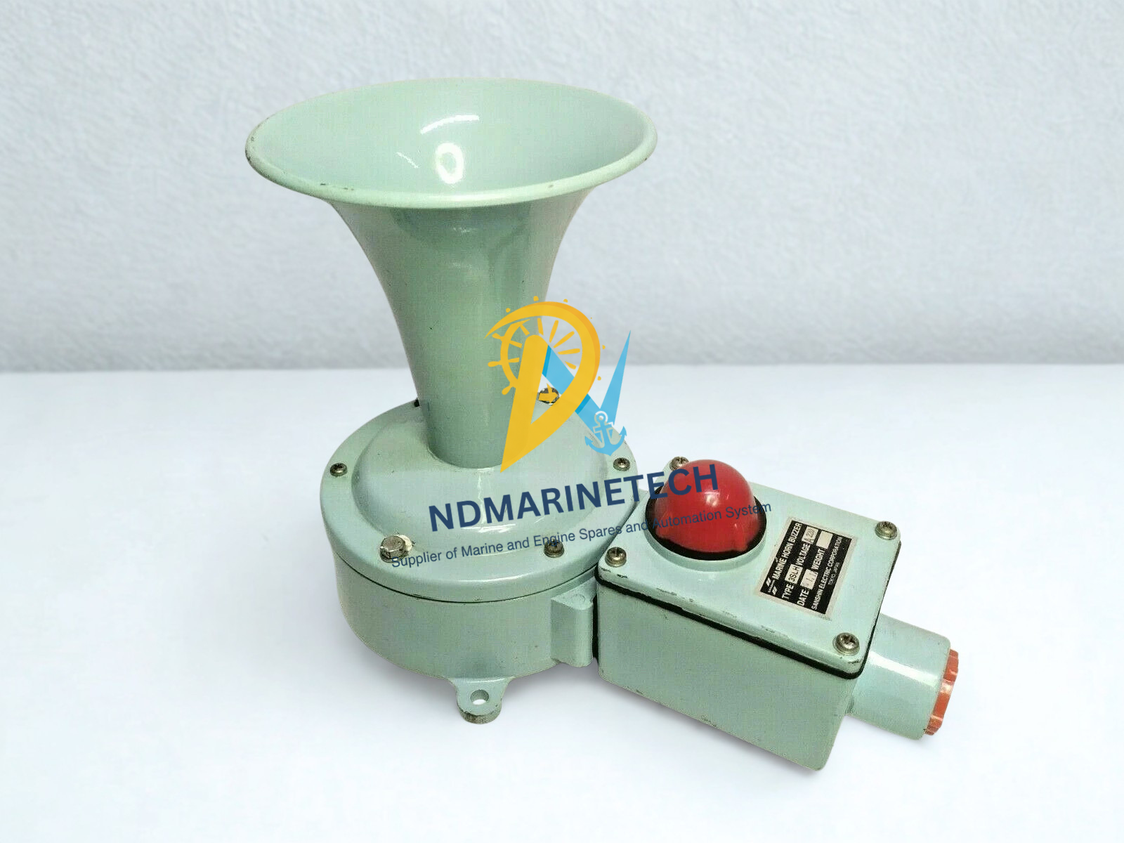 Sanshin Electric 3SLH Marine Horn Full product view of the Sanshin Electric 3SLH Marine Horn Buzzer featuring the prominent flared green acoustic horn driver assembly coupled to a watertight electrical enclosure with a red indicator light dome.