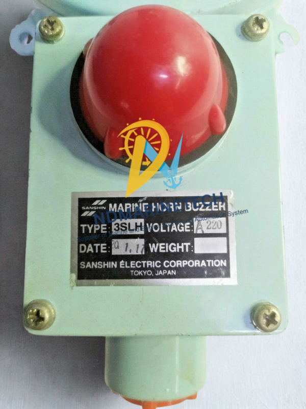 Sanshin Electric 3SLH Marine Horn Buzzer Nameplate and Pilot Lamp Close-up view of the Sanshin Electric Corporation 3SLH Marine Horn Buzzer nameplate showing the 220V AC voltage rating, alongside the red integrated visual pilot lamp indicator on a watertight mint-green metal housing.