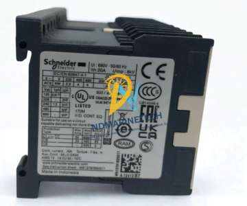 schneider-electric-lc2k09-technical-label-specifications Side profile label of a Schneider Electric LC2K09 reversible contactor detailing the 20A Ith thermal current rating, voltage capacities, and CE, UL, and UKCA marine certifications.
