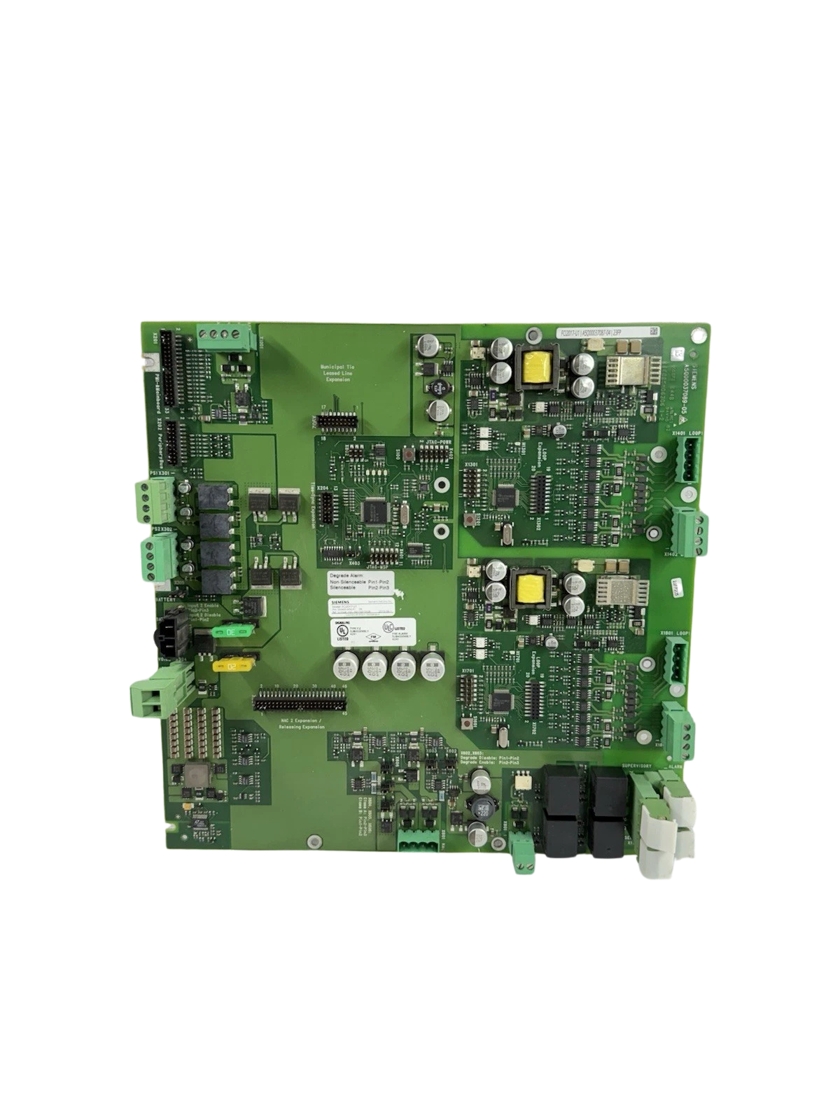 Siemens FCI2017-U1 New Full top-down view of the Siemens FCI2017-U1 main fire alarm control board assembly, detailing various integrated circuits, relays, terminal blocks, fuses, and electronic components.