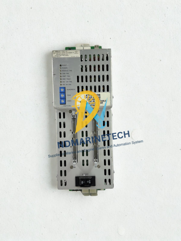 Siemens FireFinder XLS PSC-12 Power Supply Unit Front View Front overhead perspective of Siemens FireFinder XLS PSC-12 primary power supply module highlighting its ventilation casing, ribbon cable ports, and master battery breaker switch.