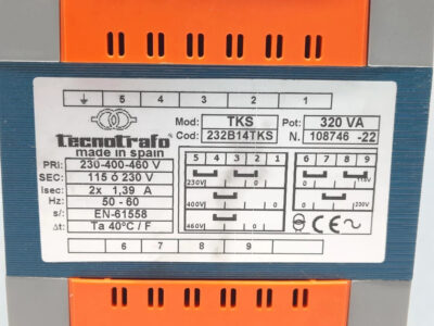 Tecnotrafo TKS 320 VA Voltage Specifications Macro shot of Tecnotrafo TKS 320 VA transformer specifications: 230-400-460V Primary and 115-230V Secondary.
