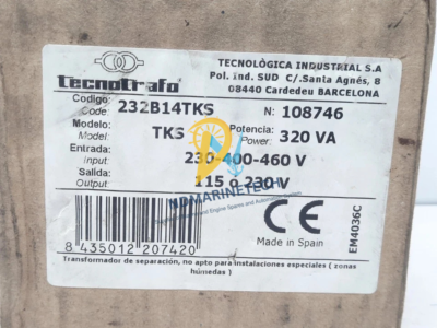 Tecnotrafo 232B14TKS Original Packaging and Barcode Close-up of original packaging label for Tecnotrafo 232B14TKS with EAN barcode and manufacturing details.