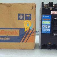 Terasaki TemBreak XE100NS 3-pole circuit breaker displayed next to its original cardboard box packaging.