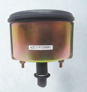 VDO Tachometer MPN A2C1193260001 Metal Housing Side profile of VDO A2C1193260001 tachometer showing the heavy duty gold zinc plated metal housing and mounting studs.
