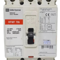 Full front view of an Eaton Cutler-Hammer HFWF3125L 125 Amps 3 Pole Industrial Circuit Breaker rated for 690V and 50/60Hz applications.