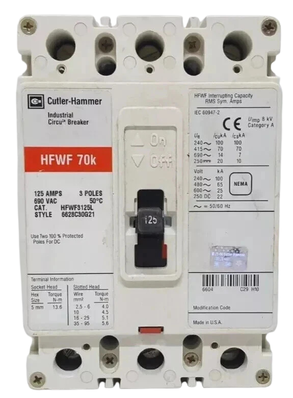 cutler hammer HFWF3125L breaker Full front view of an Eaton Cutler-Hammer HFWF3125L 125 Amps 3 Pole Industrial Circuit Breaker rated for 690V and 50/60Hz applications.