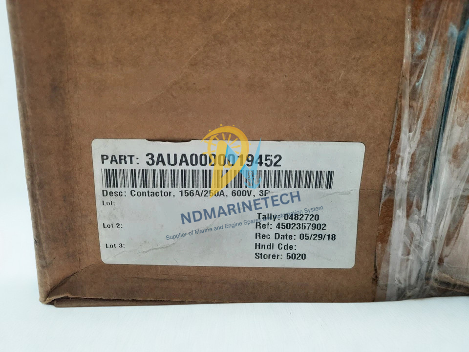 ABB A185-30-11 Contactor(3) Industrial cardboard packaging box label for ABB contactor part number 3AUA0000019452 156A 250A 600V 3P.