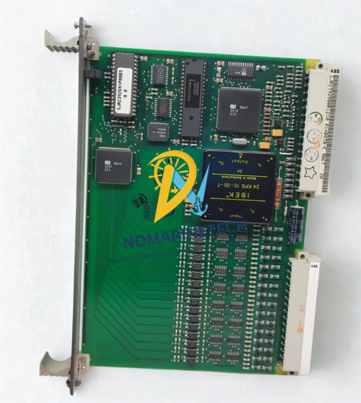 ABB GJR2392500R1210 81AB03B-E PLC Module Card Full View Full view of ABB GJR2392500R1210 81AB03B-E binary output module card with mounting brackets for Procontrol P14 marine automation systems.