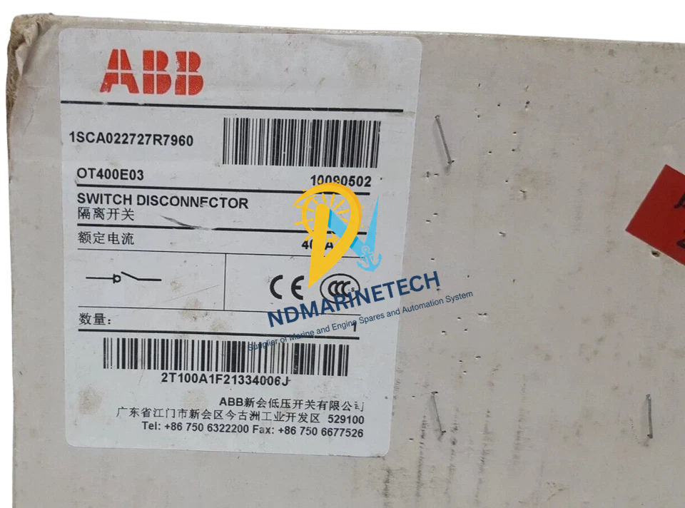 ABB OT400E03P Switch Disconnector(3) Original cardboard packaging label for ABB OT400E03 switch disconnector displaying manufacturing details, barcodes, and CE certification marks.