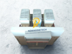 Top view of ABB Sace Megamax F4S 3200A air circuit breaker showing three-pole design and arc chute covers for marine switchboards.