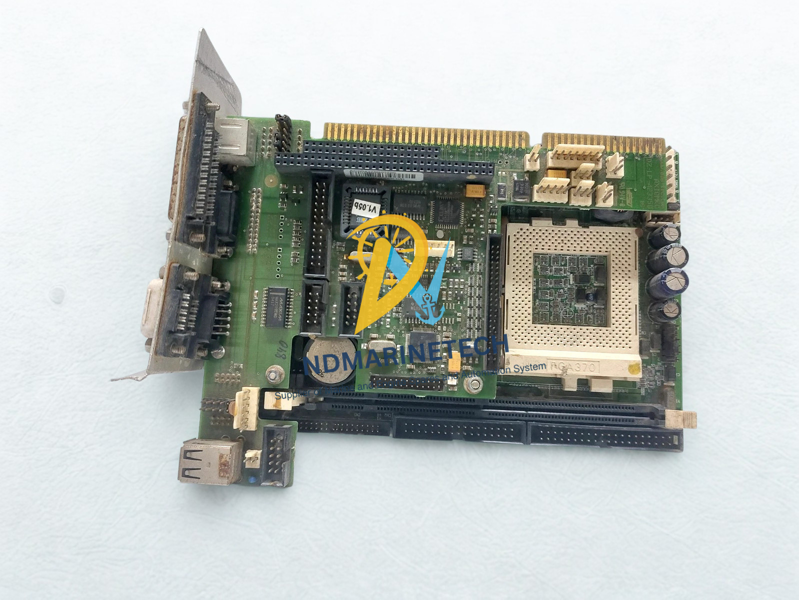 ADS TEC AXIOMKC DZ-LP-42335D Top down view of ADS TEC AXIOMKC DZ-LP-42335D industrial main board DZ-PCKO-02054-0/A with CMOS battery and golden edge connector.