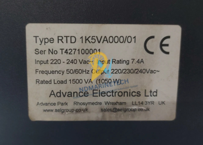Advance Electronics Ltd RTD 1K5VA000/01 Technical Specification Nameplate Advance Electronics Ltd Type RTD 1K5VA000/01 rating label with Serial Number T424100001 showing 1500VA 1050W technical specs.