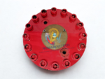 Full side view of a red Damcos BRC 052-A1 double-acting hydraulic rotary actuator for marine valves.
