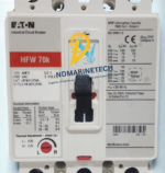 Eaton HFW3125VL 3 pole 125 amp circuit breaker technical data faceplate showing 70kA interrupting capacity rating and thermal adjustment dial.