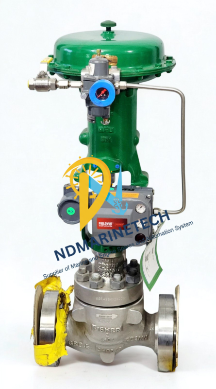 Fisher 667 HPS Control Valve Full Assembly turn-key unit Complete assembly of a green Fisher 667 HPS globe control valve with an Emerson DVC6200 FIELDVUE positioner and a flanged stainless steel body.