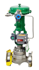 Complete assembly of a green Fisher 667 HPS globe control valve with an Emerson DVC6200 FIELDVUE positioner and a flanged stainless steel body.