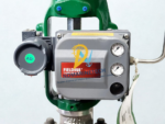 Fisher FIELDVUE DVC6200 digital valve controller positioner mounted on a green pneumatic actuator with integrated pressure gauges.